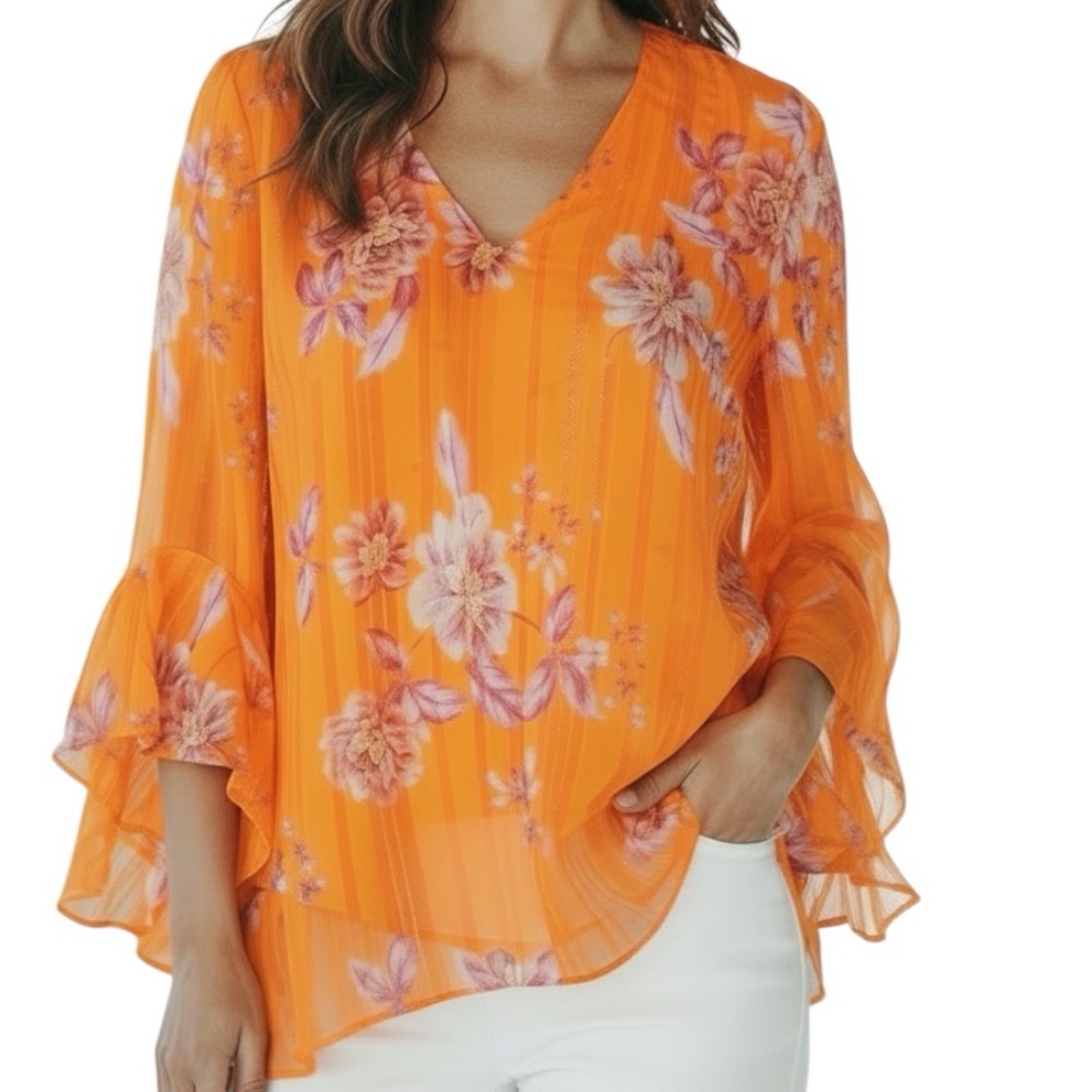 NWT VINCE CAMUTO Orange Floral VNeck Semi Sheer Ruffle Sleeve Blouse Size Medium